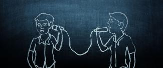 Communication concept on chalkboard of two boys talking via tin can telephone