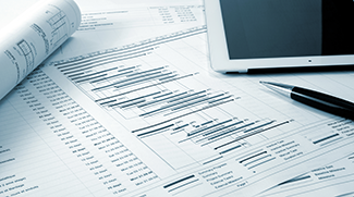 Project Work Breakdown Structure document with tablet